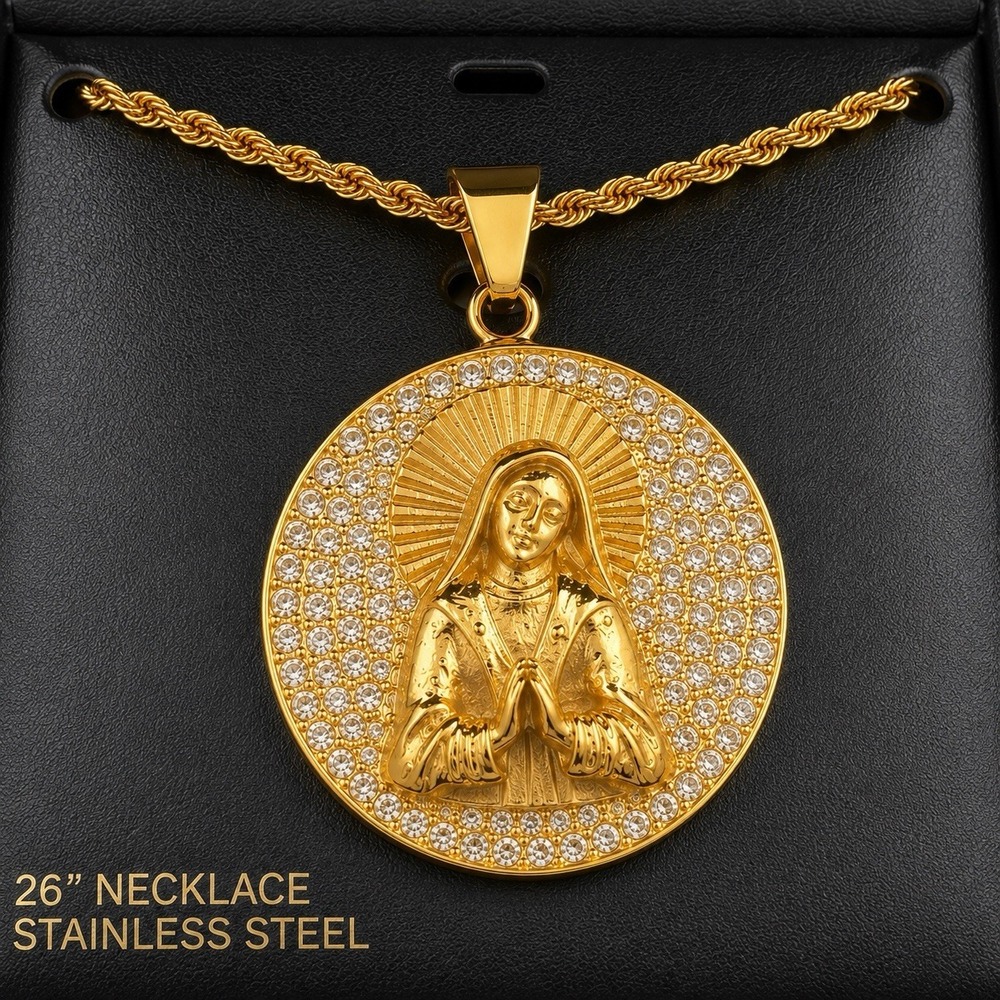 E0063-26" Virgin Mary Religious Pendant Necklace Gold Tone Stainless Steel CZ